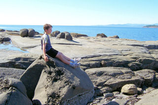 Intruiging rock forms scattered on sandstone waterfront